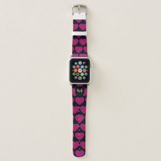 Hot pink heart faux sparkles pattern Monogram Apple Watch Band