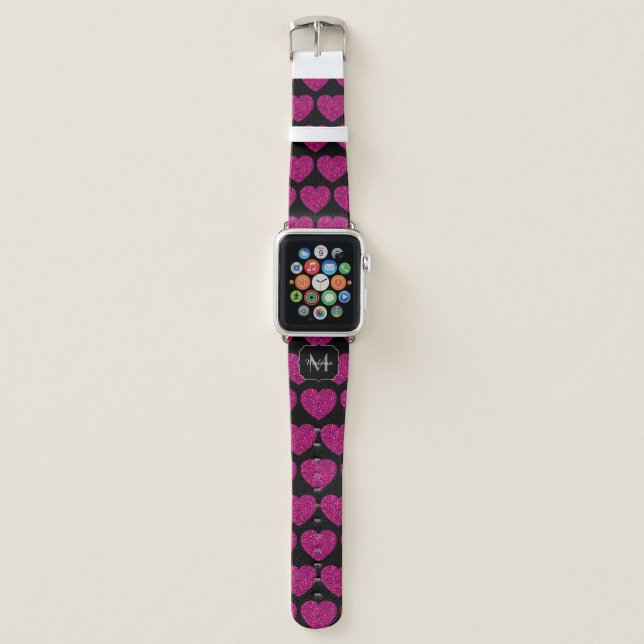 Hot pink heart faux sparkles pattern Monogram Apple Watch Band (Front)