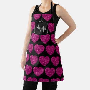 Hot pink heart faux sparkles pattern Monogram Apron
