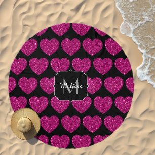 Hot pink heart faux sparkles pattern Monogram Beach Towel