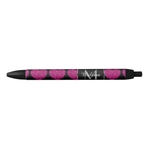 Hot pink heart faux sparkles pattern Monogram Black Ink Pen