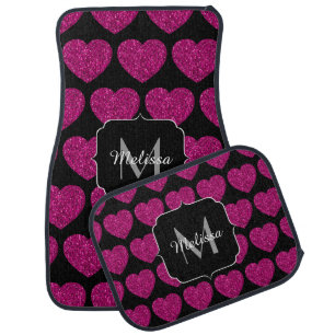 Hot pink heart faux sparkles pattern Monogram Car Floor Mat