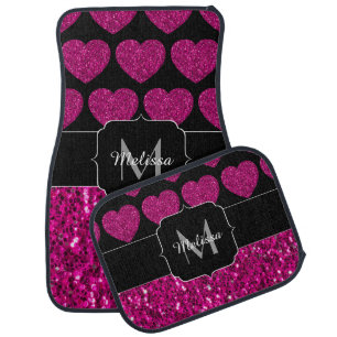 Hot pink heart faux sparkles pattern Monogram Car Floor Mat