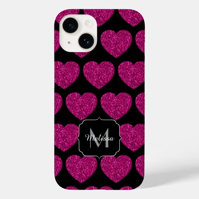 Hot pink heart faux sparkles pattern Monogram Case-Mate iPhone Case (Back)