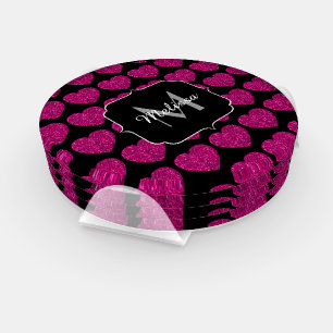 Hot pink heart faux sparkles pattern Monogram Coaster Set