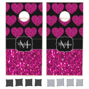 Hot pink heart faux sparkles pattern Monogram Cornhole Set