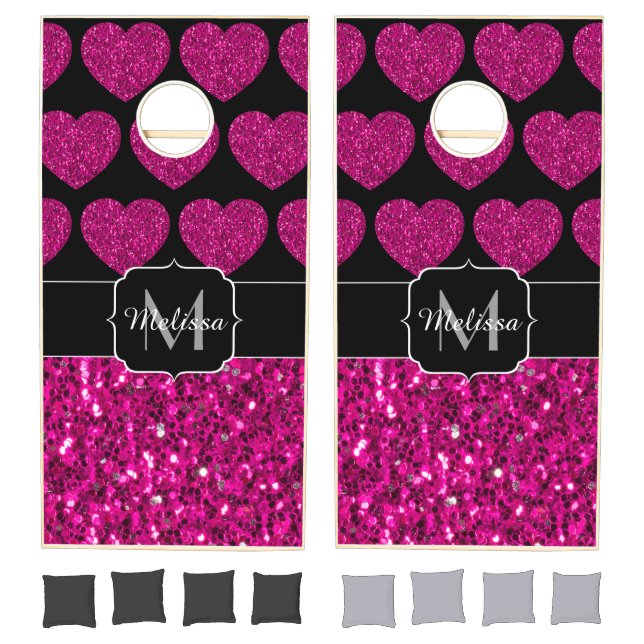 Hot pink heart faux sparkles pattern Monogram Cornhole Set (Set)