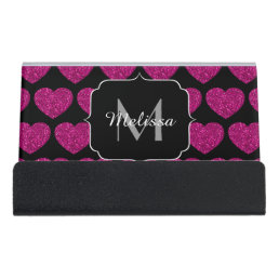 Hot pink heart faux sparkles pattern Monogram Desk Business Card Holder