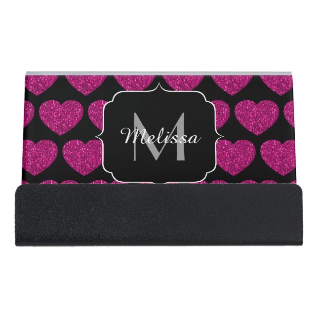 Hot pink heart faux sparkles pattern Monogram Desk Business Card Holder (Front)