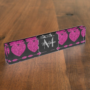 Hot pink heart faux sparkles pattern Monogram Desk Name Plate