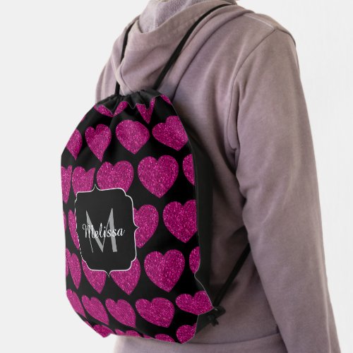 Hot pink heart faux sparkles pattern Monogram Drawstring Bag