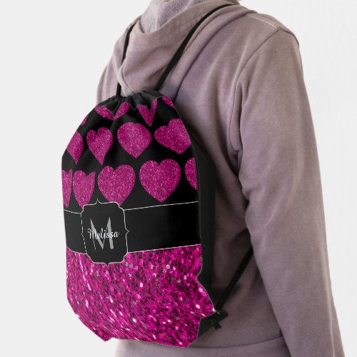 Hot pink heart faux sparkles pattern Monogram Drawstring Bag