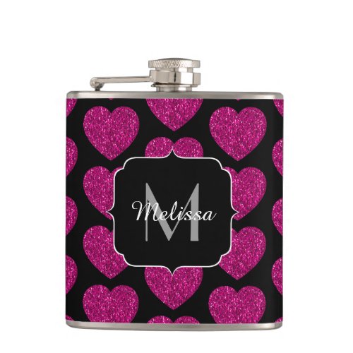Hot pink heart faux sparkles pattern Monogram Flask