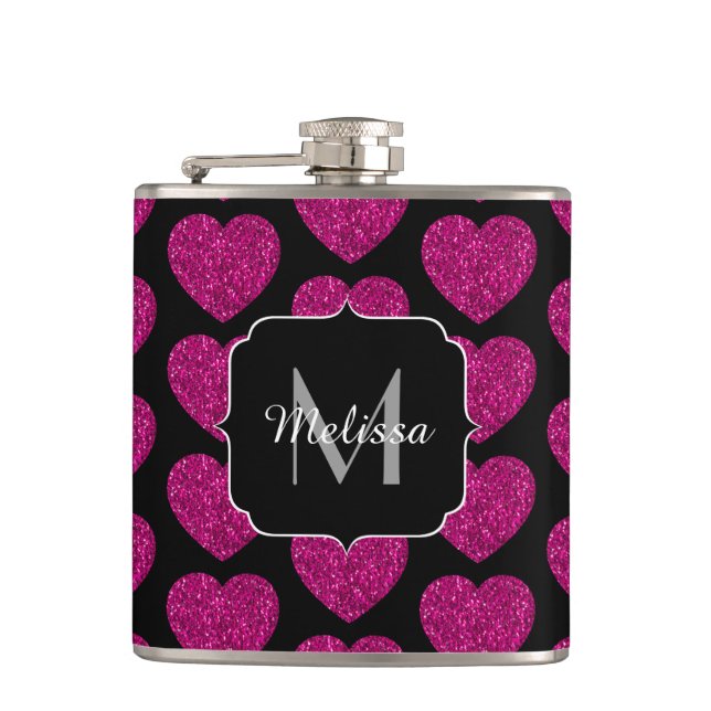 Hot pink heart faux sparkles pattern Monogram Flask (Front)