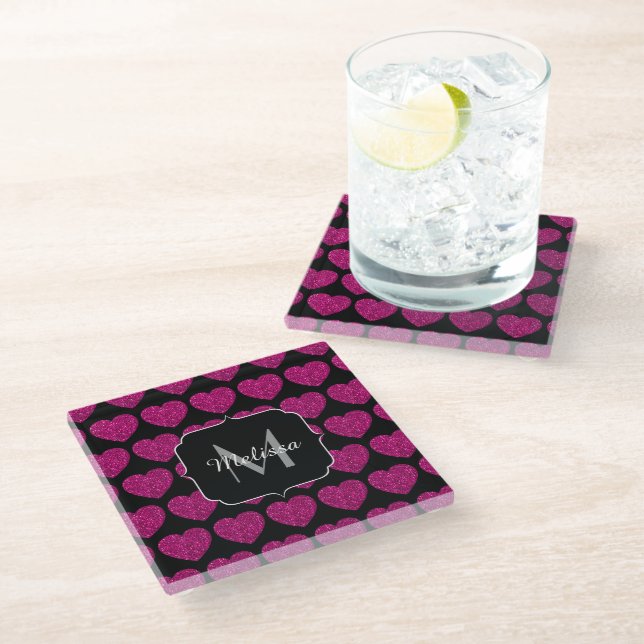Hot pink heart faux sparkles pattern Monogram Glass Coaster (Angled)