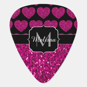 Hot pink heart faux sparkles pattern Monogram Guitar Pick