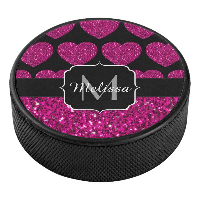 Hot pink heart faux sparkles pattern Monogram Hockey Puck (3/4)