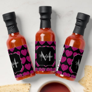 Hot pink heart faux sparkles pattern Monogram Hot Sauces