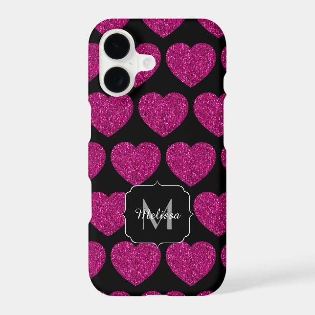 Hot pink heart faux sparkles pattern Monogram Iphone Case (Back)