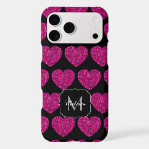 Hot pink heart faux sparkles pattern Monogram iPhone 17 Pro Max Case