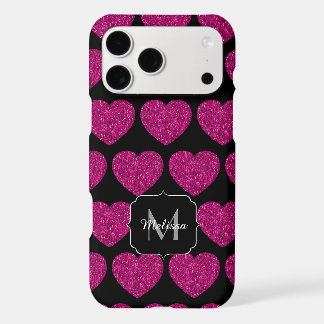 Hot pink heart faux sparkles pattern Monogram iPhone 17 Pro Max Case