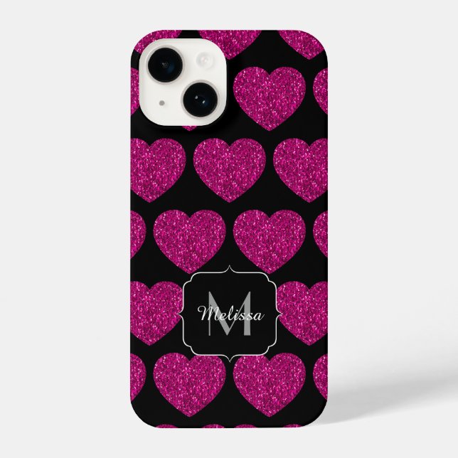 Hot pink heart faux sparkles pattern Monogram iPhone Case (Back)