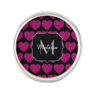 Hot pink heart faux sparkles pattern Monogram Lapel Pin