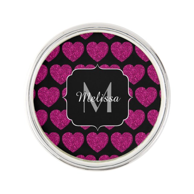 Hot pink heart faux sparkles pattern Monogram Lapel Pin (Front)