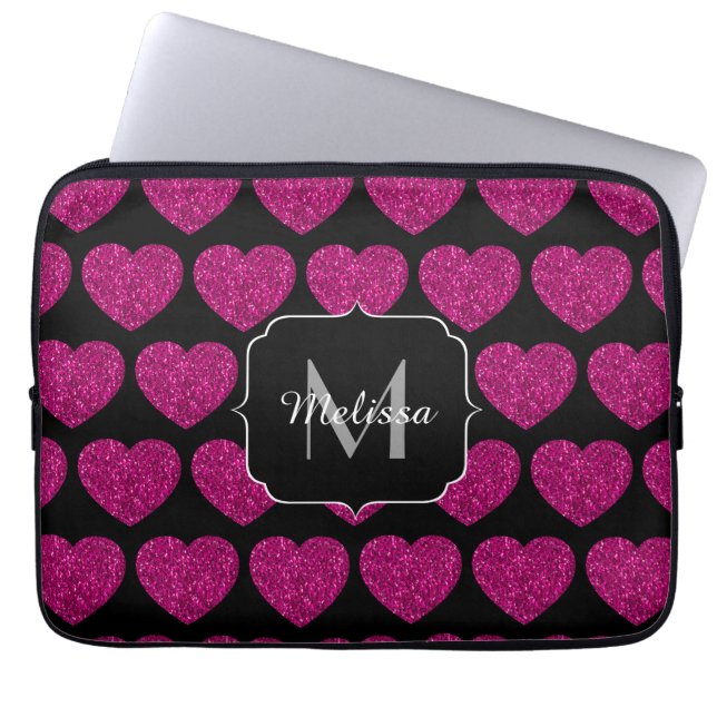 Hot pink heart faux sparkles pattern Monogram Laptop Sleeve (Front)