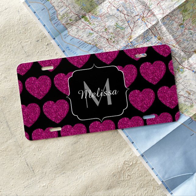 Hot pink heart faux sparkles pattern Monogram License Plate (In Situ)