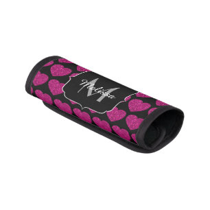 Hot pink heart faux sparkles pattern Monogram Luggage Handle Wrap