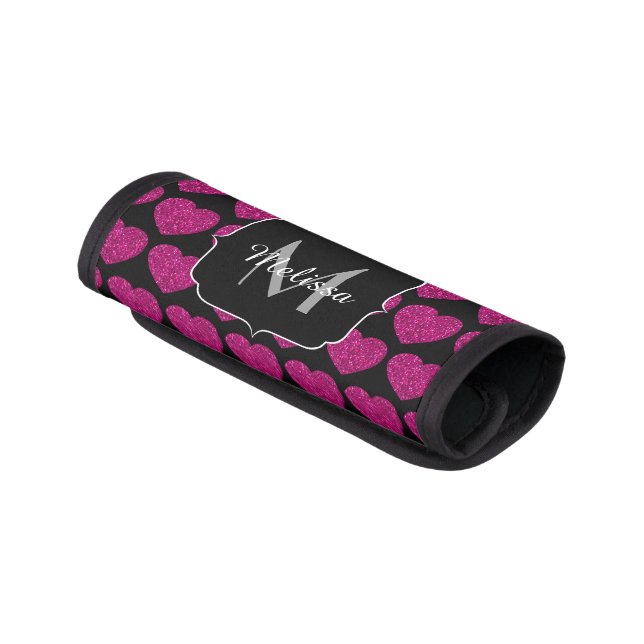 Hot pink heart faux sparkles pattern Monogram Luggage Handle Wrap (Angled)