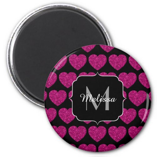 Hot pink heart faux sparkles pattern Monogram Magnet