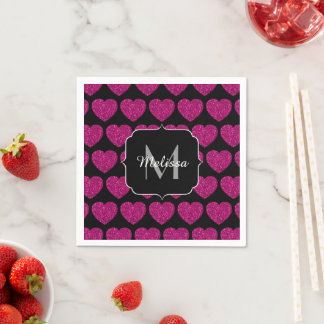 Hot pink heart faux sparkles pattern Monogram Napkins