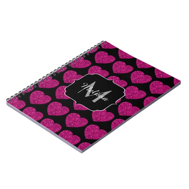 Hot pink heart faux sparkles pattern Monogram Notebook (Left Side)