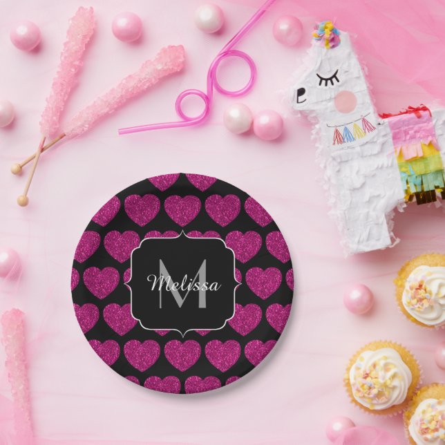 Hot pink heart faux sparkles pattern Monogram Paper Plates (Party)