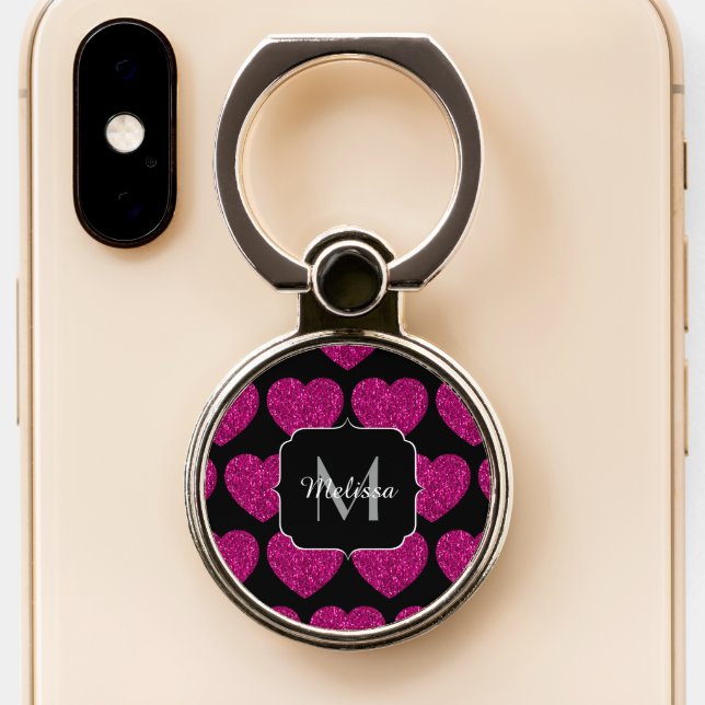 Hot pink heart faux sparkles pattern Monogram Phone Ring Stand (Close Up)