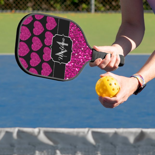 Hot pink heart faux sparkles pattern Monogram Pickleball Paddle (Insitu)