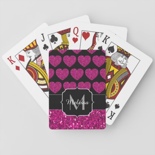 Hot pink heart faux sparkles pattern Monogram Playing Cards