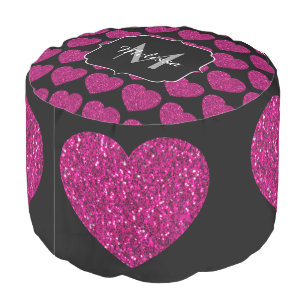Hot pink heart faux sparkles pattern Monogram Pouf