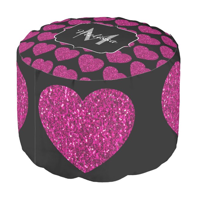 Hot pink heart faux sparkles pattern Monogram Pouf (Angled Back)