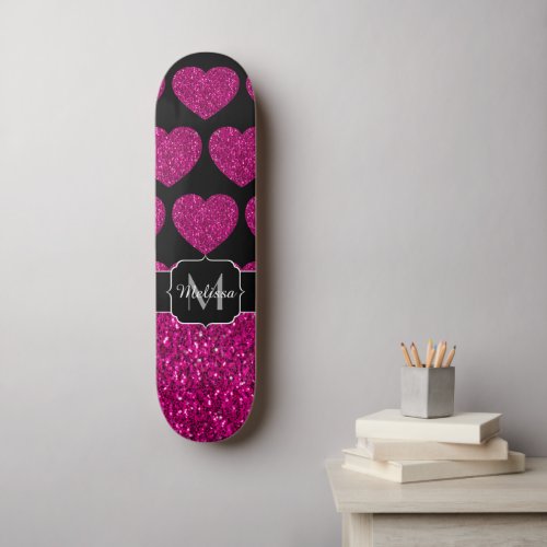 Hot pink heart faux sparkles pattern Monogram Skateboard