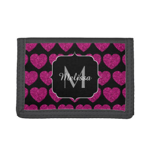 Hot pink heart faux sparkles pattern Monogram Tri-fold Wallet