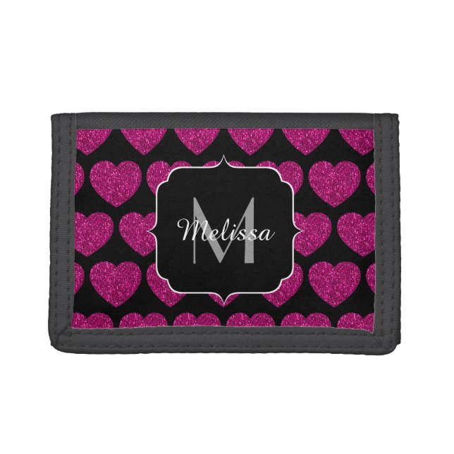 Hot pink heart faux sparkles pattern Monogram Tri-fold Wallet (Front)