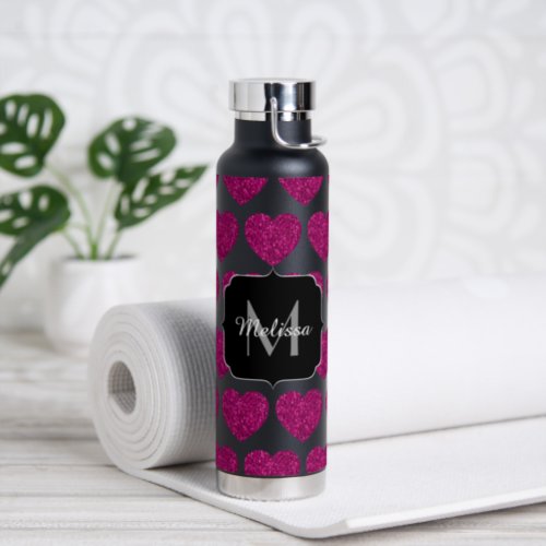 Hot pink heart faux sparkles pattern Monogram Water Bottle