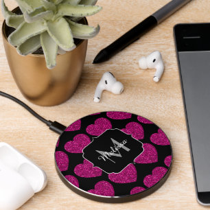 Hot pink heart faux sparkles pattern Monogram Wireless Charger