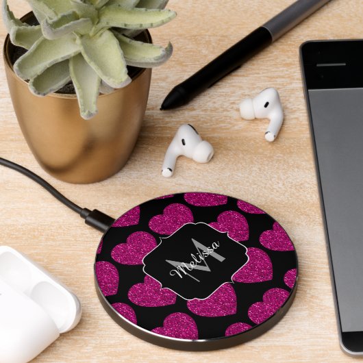 Hot pink heart faux sparkles pattern Monogram Wireless Charger (Desk 2)
