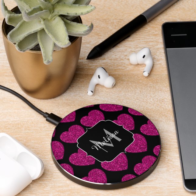 Hot pink heart faux sparkles pattern Monogram Wireless Charger (Desk 2)