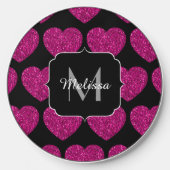 Hot pink heart faux sparkles pattern Monogram Wireless Charger (Front)