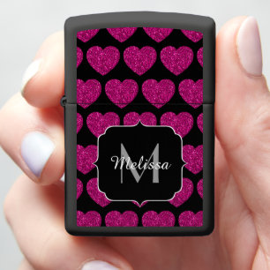 Hot pink heart faux sparkles pattern Monogram Zippo Lighter
